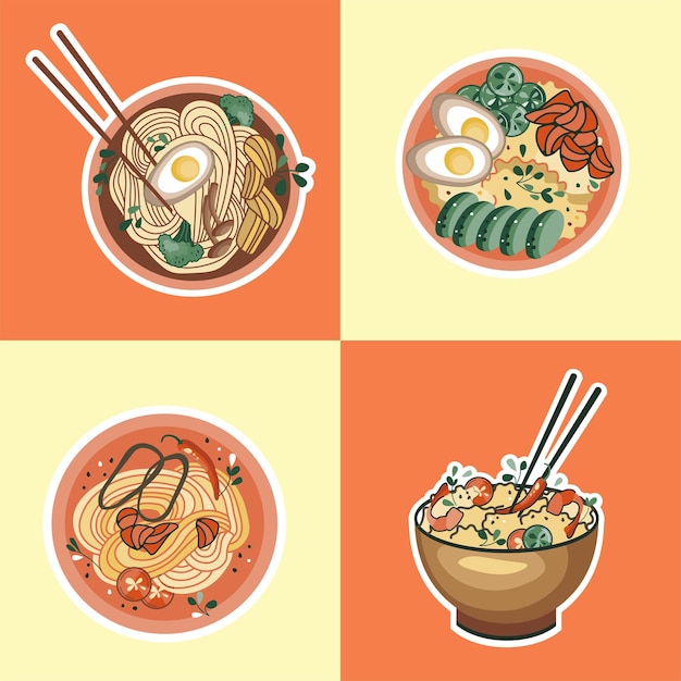 Asian food stickers. Udon or ramen soup. Noodles and rice with seafood.