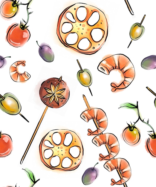 Asian food in watercolor style on a light or transparent background.