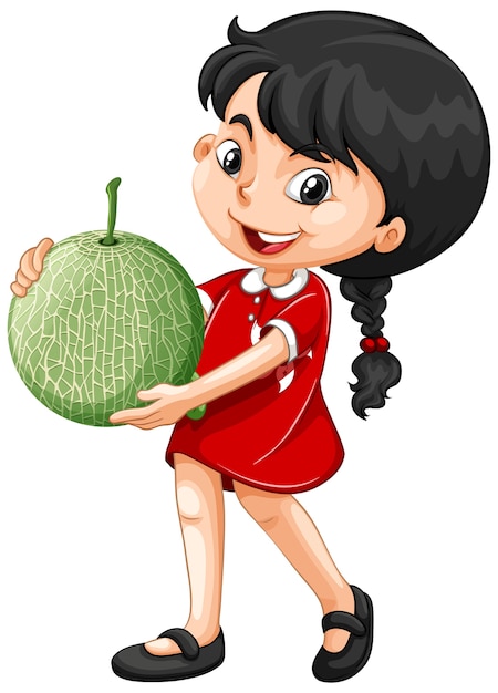 Asian girl holding melon fruit in standing position