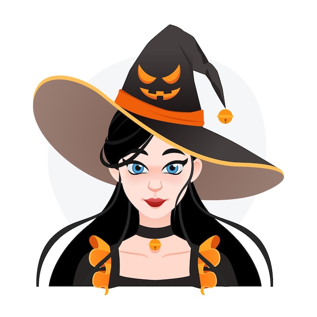 Asian halloween magician girl in big hat with angry face Pretty funny witch avatar for game and advertising