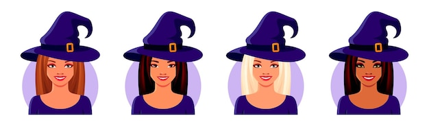 Asian Indian and European girls wearing witch costumes for Halloween Set of smiling avatar faces