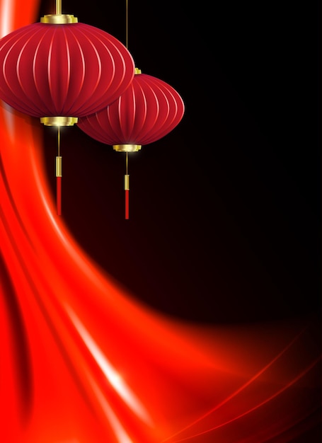 Vector asian isolated lanterns on paper art style pendants on black and red background