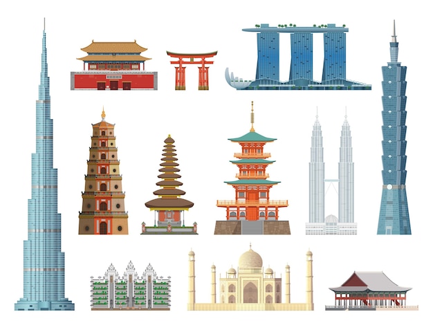 Asian landmarks. Flat color historical city buildings and constructions, cultural tourist excursions places. Hong Kong and China, India and Japan, Thailand and Korea vector icons isolated collection