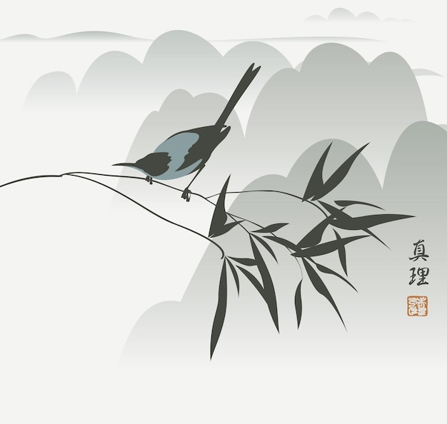 asian landscape with magpie on branch