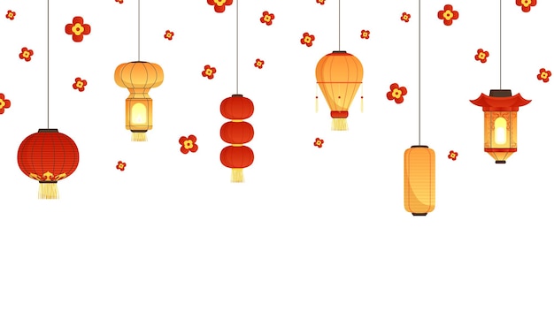 Asian lanterns banner. Chinese new year, festival or party background. Flat paper hanging lamps and falling flowers vector illustration. China new year holiday banner celebrate