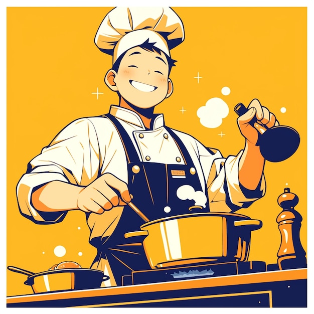 Vector asian male chef in his 30s cooking in a highend restaurant