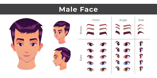 Asian man face construction avatar creation with head parts isolated eyes and eyebrows