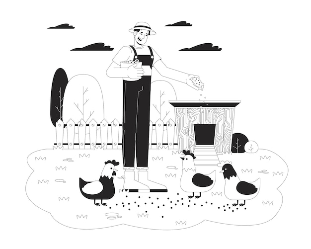 Vector asian man feeding chickens black and white flat line illustration