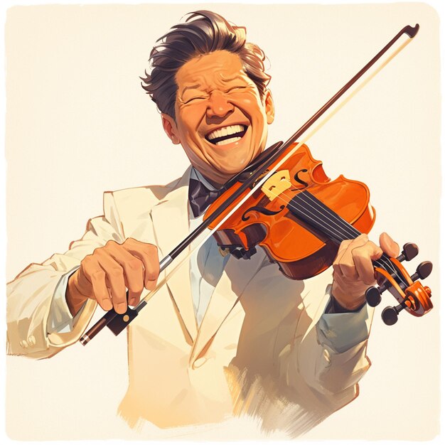 Vector asian man in his 40s learning to play the violin