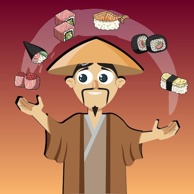 asian man in kimono demonstrates various delicious dishes