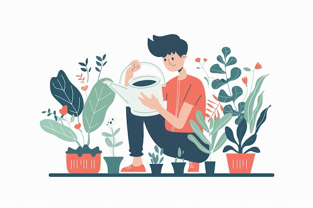 Asian Man Watering Plants Illustration