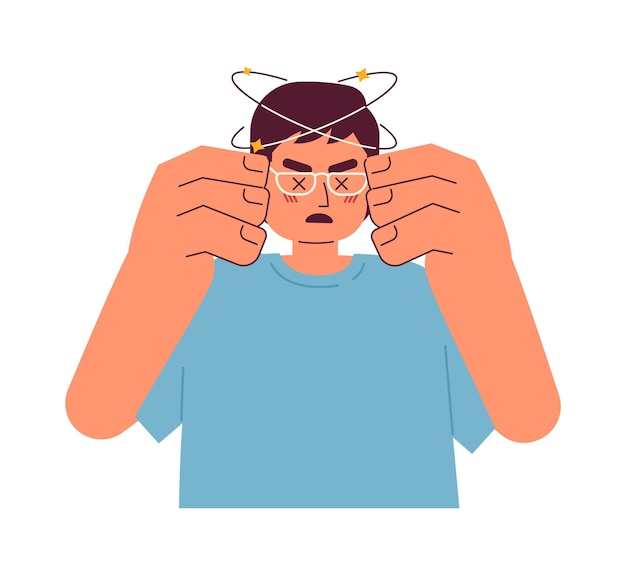 Asian man with spinning head semi flat color vector character Headache dizzy Male feeling sick Editable half body person on white Simple cartoon spot illustration for web graphic design