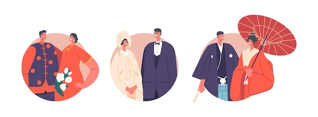 Asian Newlywed Couples Round Icons Marriage Traditions and Culture Traditional Japanese Wedding Bride and Groom