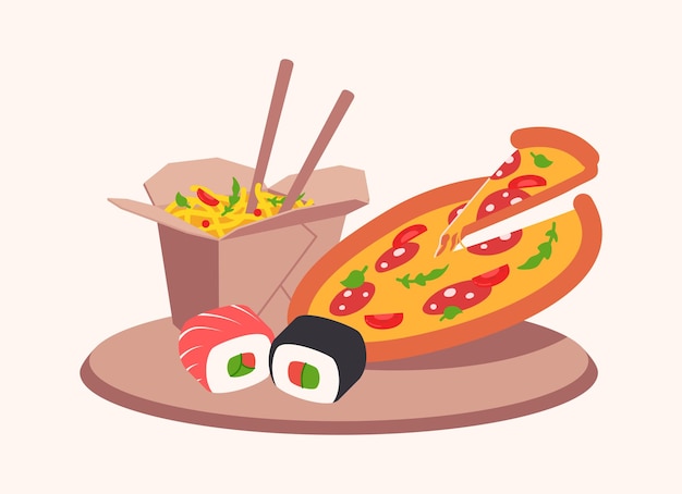 Asian noodle wok pizza and sushi rolls on kitchen board vector illustration