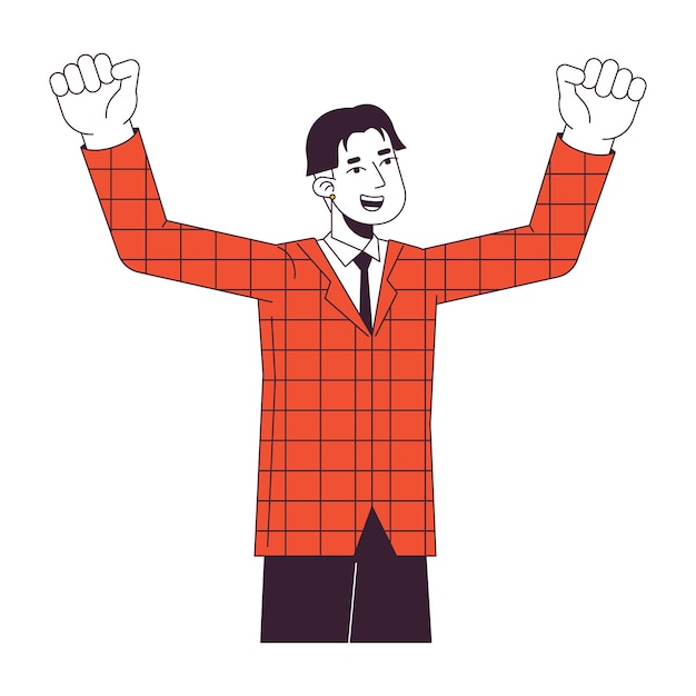 Asian office worker with hands up flat line color vector character Editable outline half body person on white Man in plaid suit jacket simple cartoon spot illustration for web graphic design