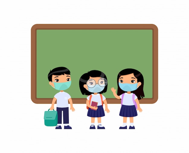 Asian pupils  with medical masks on their faces. Boys and girls dressed in school uniform  standing near blackboard  cartoon characters. Virus protection, allergies  concept. Vector illustration