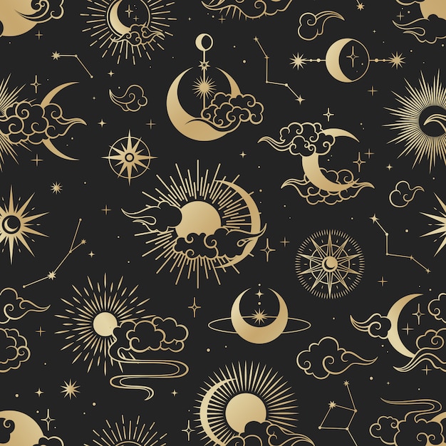 Asian seamless pattern with clouds, moon, sun, stars . Vector collection in oriental chinese, japanese, korean style.