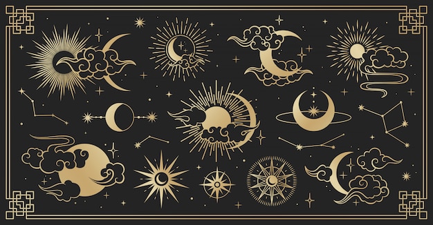 Asian set with clouds, moon, sun and  stars . Vector collection in oriental chinese, japanese, korean style