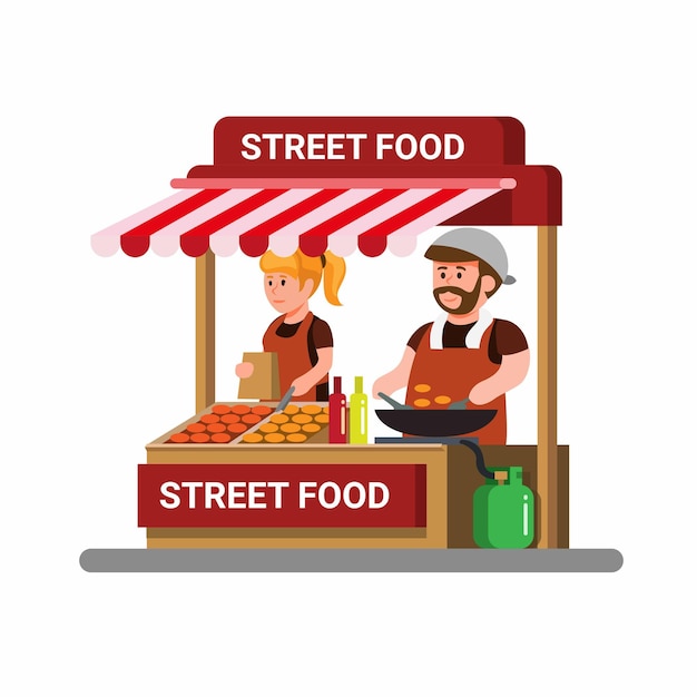 Asian street food vendor. man and woman cooking and selling fried food