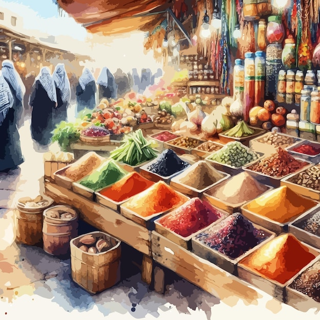 Vector asian street market with spices stores arab bazaar flat vector illustration