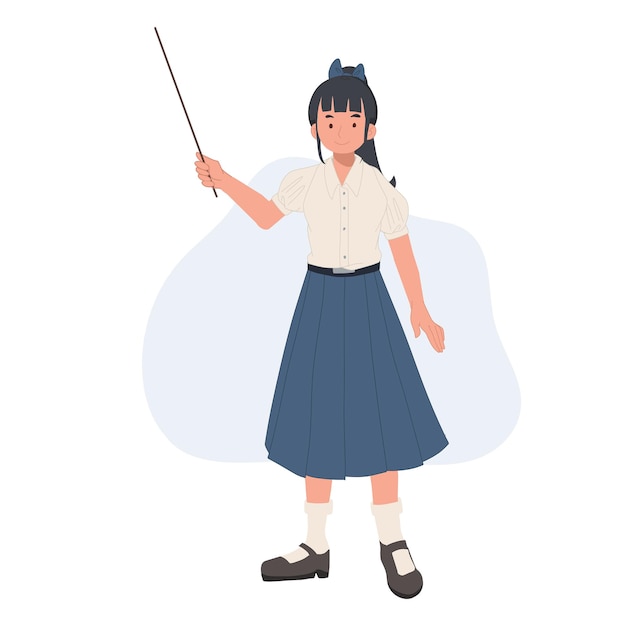 Asian student in school uniform Thai student girl is holding a pointer education presentation concept vector illustration