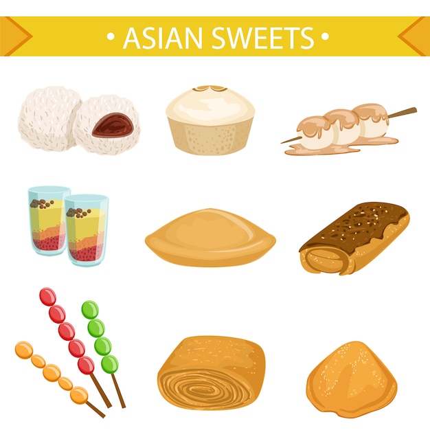 Asian sweets set, traditional desserts of different cuisines  Illustrations on a white background