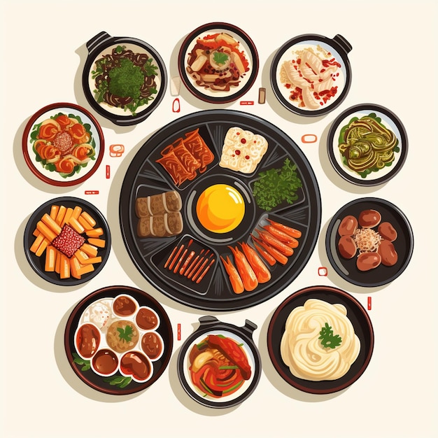 Vector asian vector korean cuisine food korea meal restaurant illustration traditional dish menu