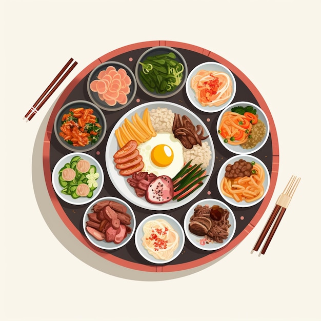 Vector asian vector korean cuisine food korea meal restaurant illustration traditional dish menu