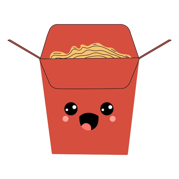 Asian wok box with ramen noodles cartoon character. Isolated vector ramen personage.