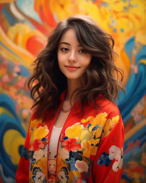 An asian woman in a colorful jacket standing in front of a colorful wall