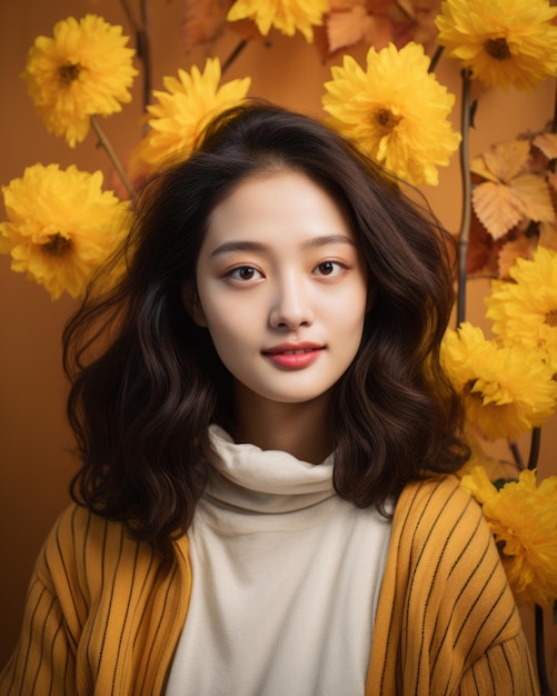 An asian woman wearing a sweater and yellow flowers