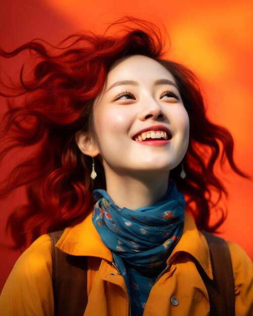 An asian woman with red hair smiling