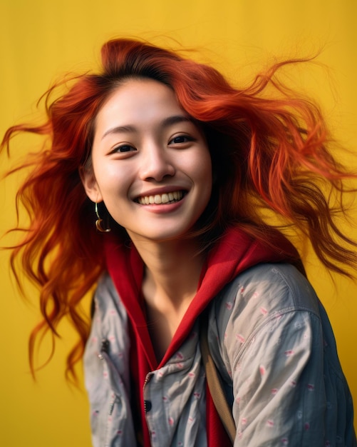 An asian woman with red hair smiling