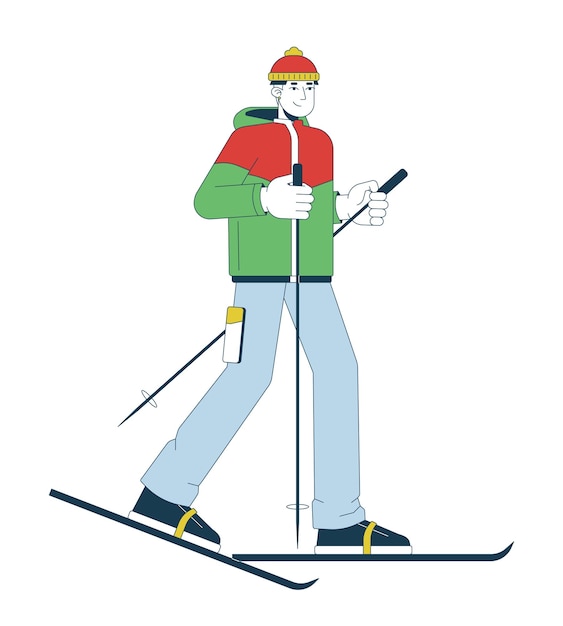 Asian young adult man skier using ski poles 2D linear cartoon character