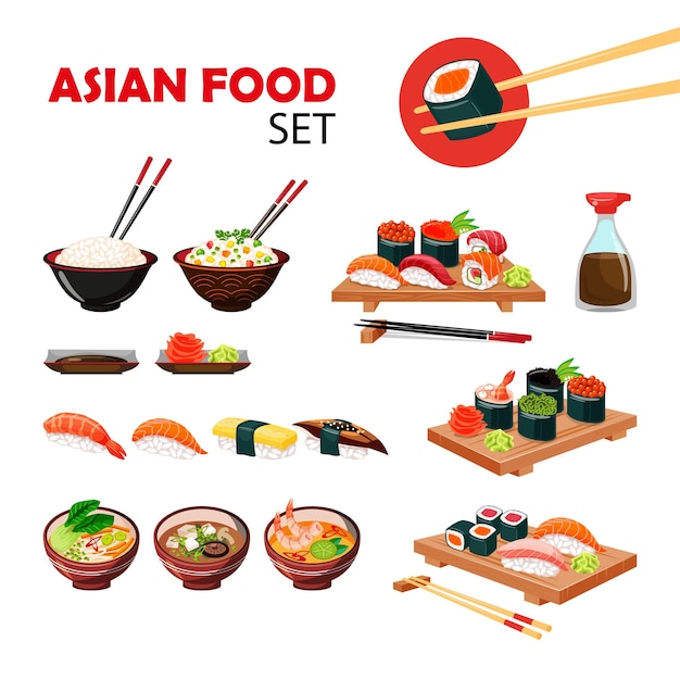 Asianfood Big set with different types of sushi rice different soups rolls nigiri gukans sauce