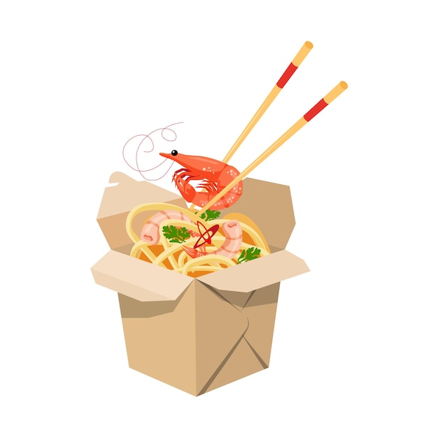 Asianfood oriental style food delivery noodle and shrimp cardboard boxes chopsticks takeaway food