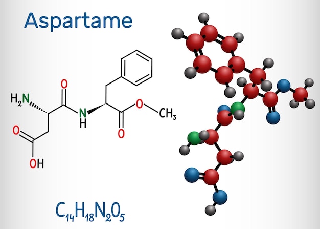 Vector aspartame apm molecule sugar substitute and e951 structural chemical formula and molecule model