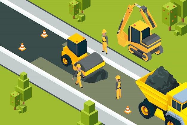 Vector asphalt street roller. urban paved road laying safety ground workers builders yellow machines isometric  landscape