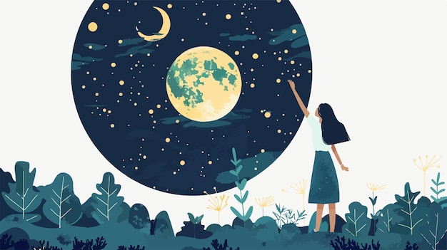 Aspiring young woman reaching for the moon in mixed media flat vector illustration