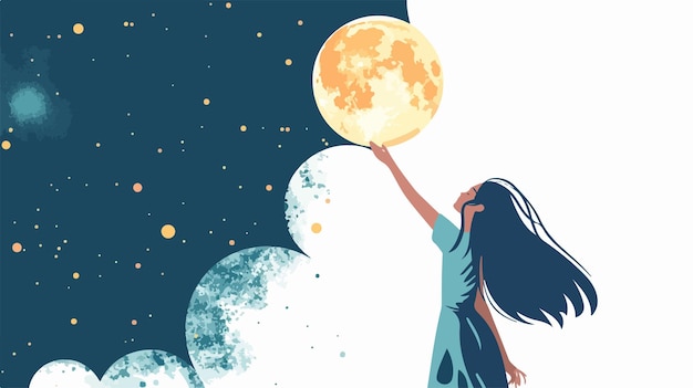 Aspiring young woman reaching for the moon in mixed media flat vector illustration