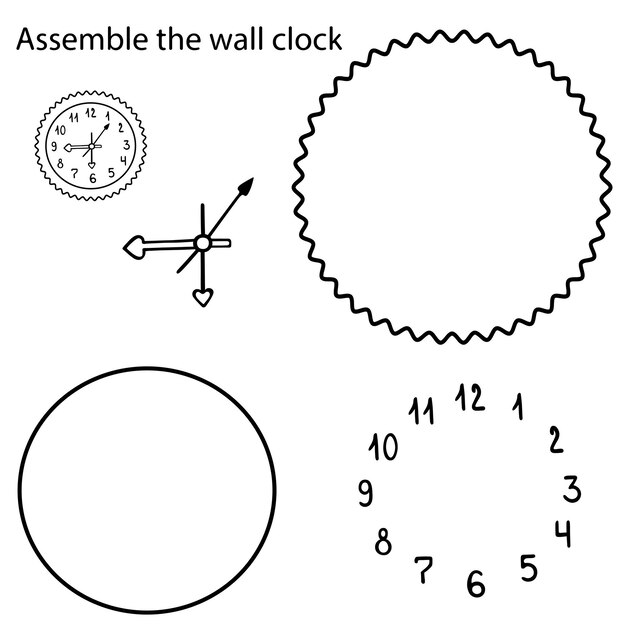 Assemble a wall clock a designer game for the development of a child in a doodle style