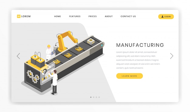 Assembly line, factory landing page template. Production, manufacturing facility engineers and workers