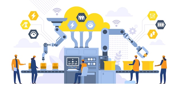 Assembly line with robotic arms flat illustration. Male and female factory workers, engineers cartoon characters. Automated production process, high tech machinery. Industrial revolution concept