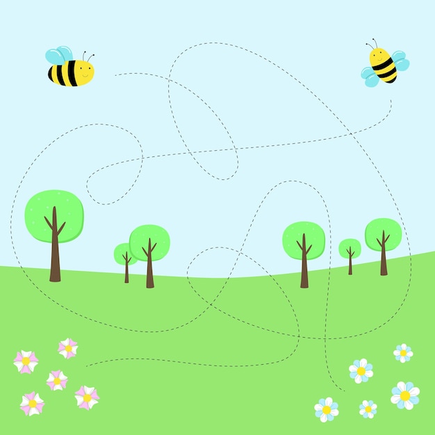 Assignments for preschoolers. A game for children. Summer illustration, bees fly in nature.