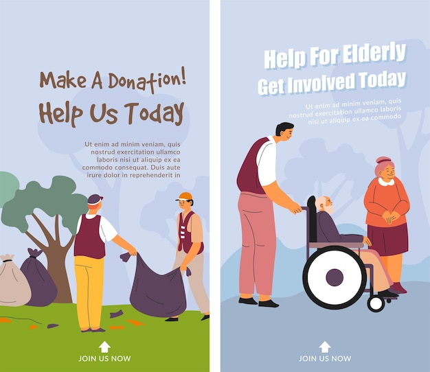 Assistance and help to elderly people make donation today Charity and volunteering for indifferent people Get involved into good deed Website page landing page template Vector in flat style