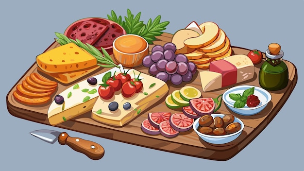 Vector assorted appetizer charcuterie snack and cheese on a wooden board for buffet party isolated on tr