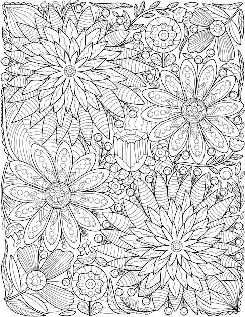 Assorted Beautiful Flowers Pattern Drawing Is Growing In The Garden Surrounded By Vines. Different Kind Of Pretty Plants Line Drawing Crawling On Ground Enclose Leaves.