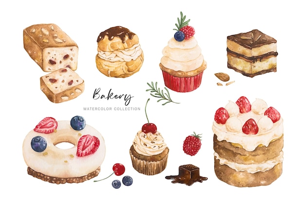 Assorted beautiful sweet dessert food watercolor set in white background