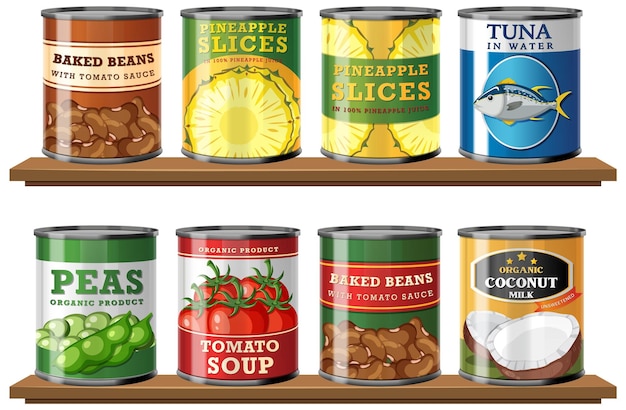 Assorted Canned Goods on Wooden Shelves