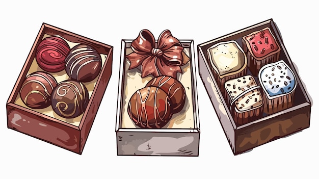 Vector assorted chocolate candies in a box with bow